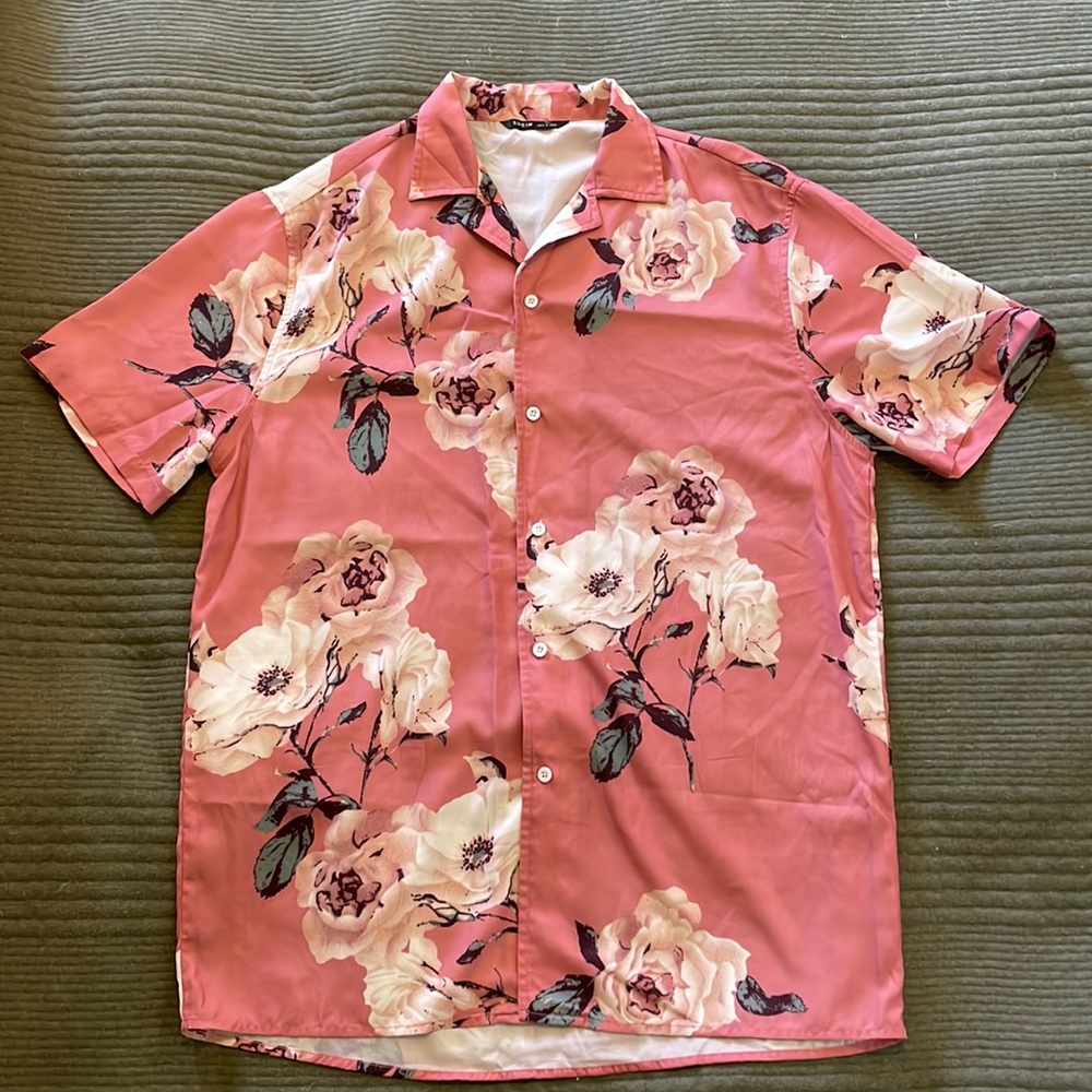 Shein pink floral men’s button up, size large